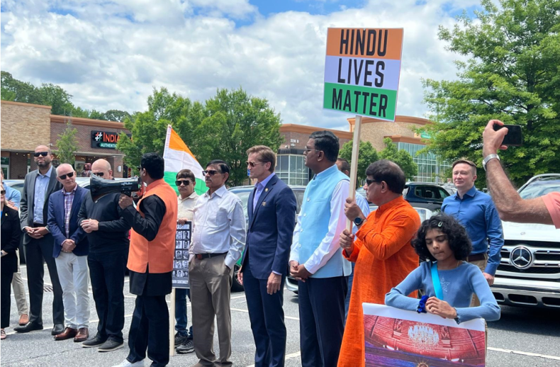 Legislators from Georgia (GA) show support for the Hindu community (From left to right: Senator Shawn Still, Senator Greg Dolezal, Representative Carter Barret, Senator Jason Esteves, Representative Todd Jones, Dr. Vasudev Patel, GA Representative Esther Panitch, Rajeev Menon, US Congressman (GA-7) Dr. Rich McCormick, Consul General of India, Atlanta Ramesh Babu Lakshmanan and Dr. Ajay Houde)