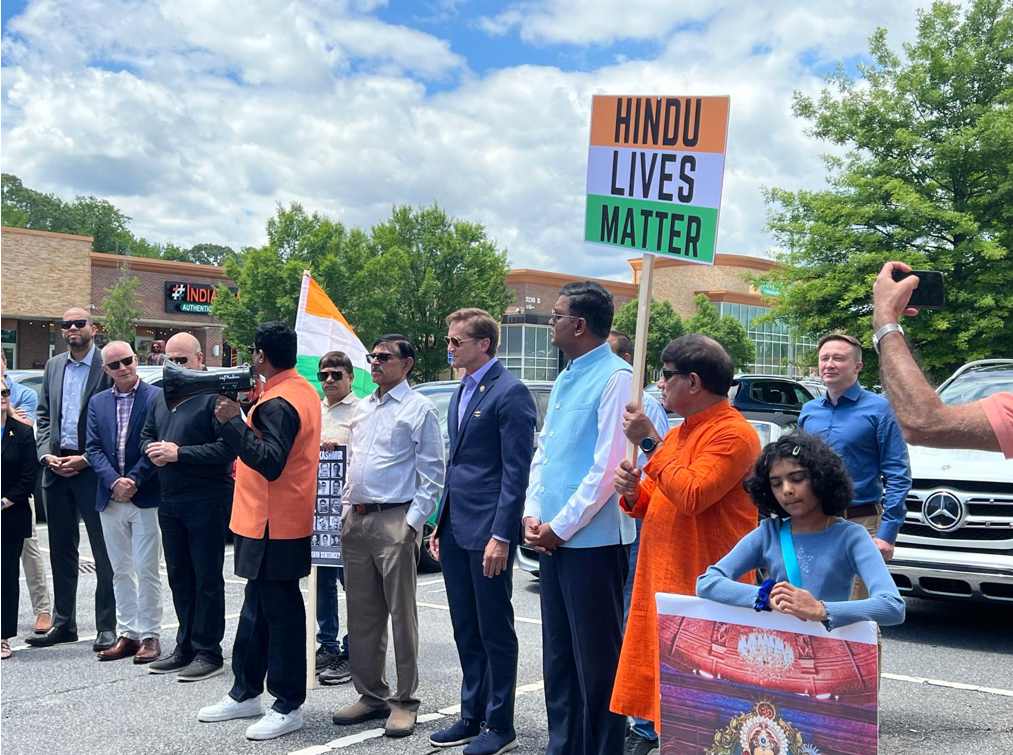 Legislators from Georgia (GA) show support for the Hindu community (From left to right: Senator Shawn Still, Senator Greg Dolezal, Representative Carter Barret, Senator Jason Esteves, Representative Todd Jones, Dr. Vasudev Patel, GA Representative Esther Panitch, Rajeev Menon, US Congressman (GA-7) Dr. Rich McCormick, Consul General of India, Atlanta Ramesh Babu Lakshmanan and Dr. Ajay Houde)